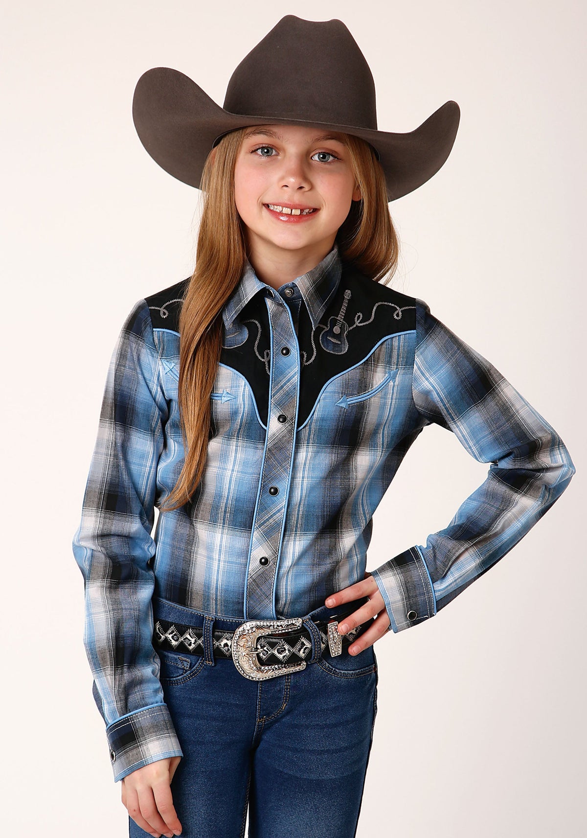 Roper Girls Long Sleeve Snap Light Blue And Navy Plaid Western Shirt