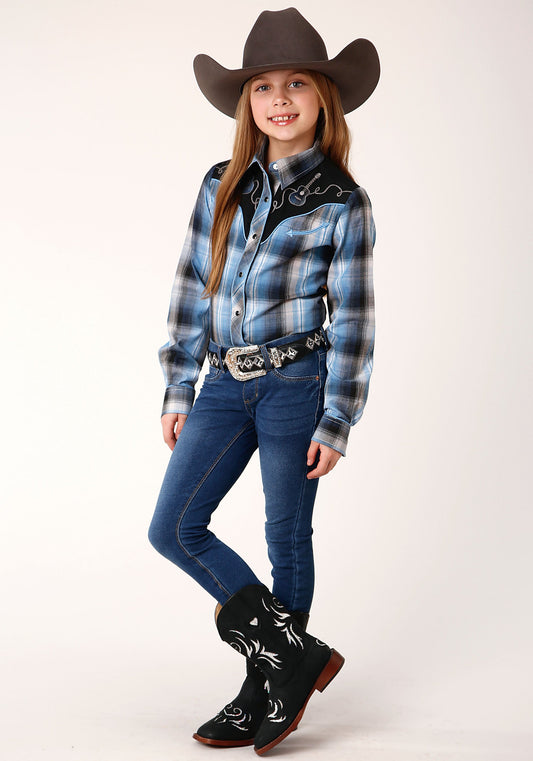 Roper Girls Long Sleeve Snap Light Blue And Navy Plaid Western Shirt - Flyclothing LLC