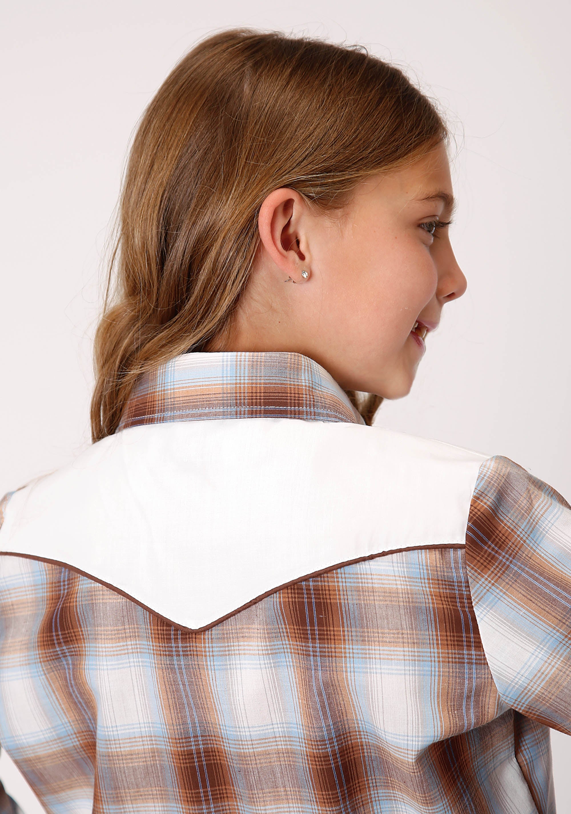 Roper Girls Long Sleeve Snap Butterscotch Light Blue Cream Plaid Western Shirt - Flyclothing LLC