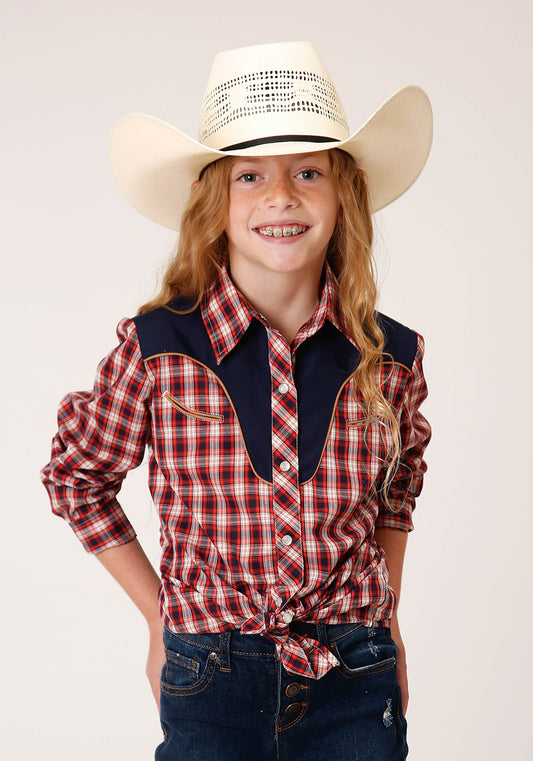 Roper Girls Long Sleeve Snap Red Navy And Cream Small Scale Plaid Western Shirt