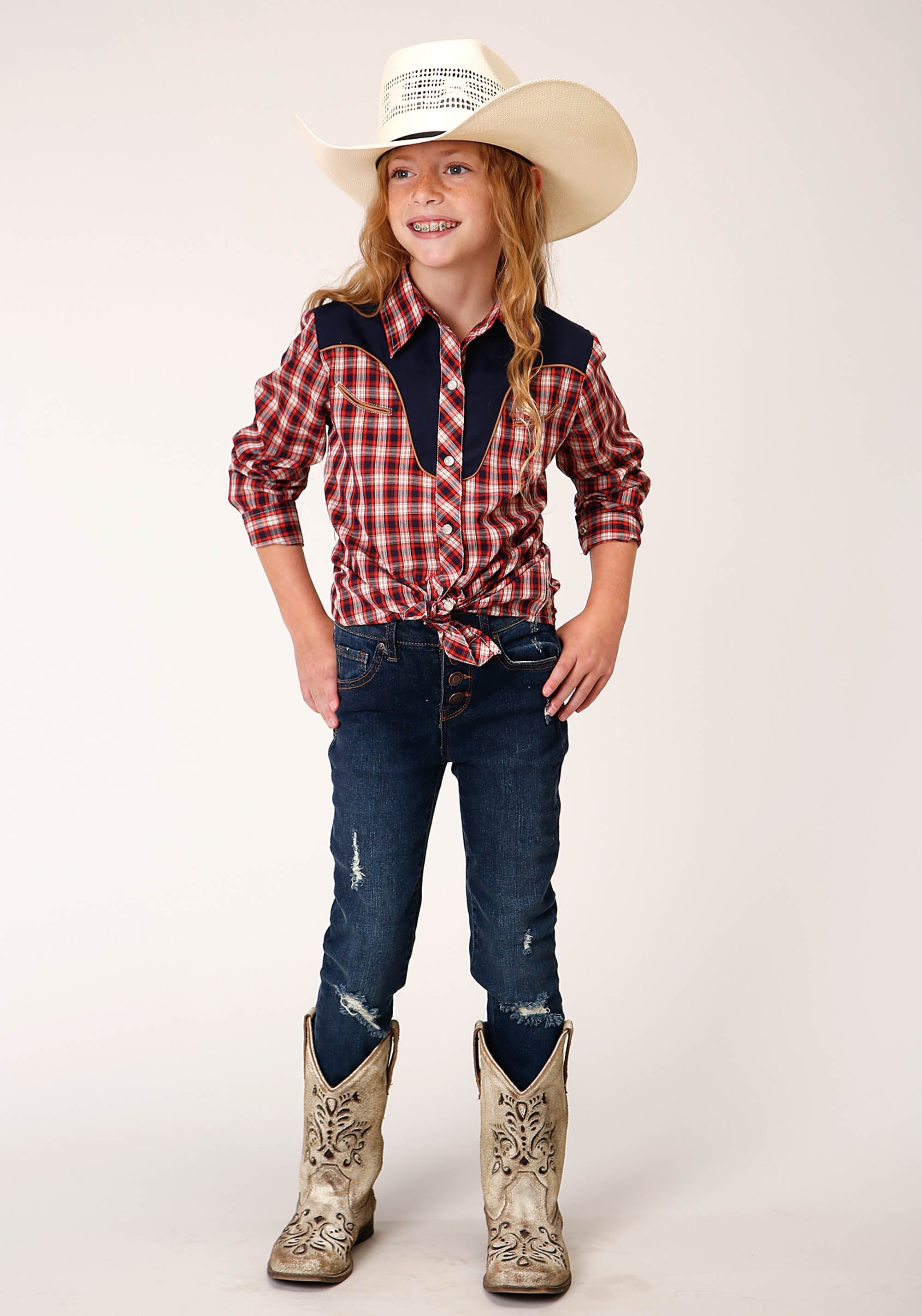 Roper Girls Long Sleeve Snap Red Navy And Cream Small Scale Plaid Western Shirt - Flyclothing LLC