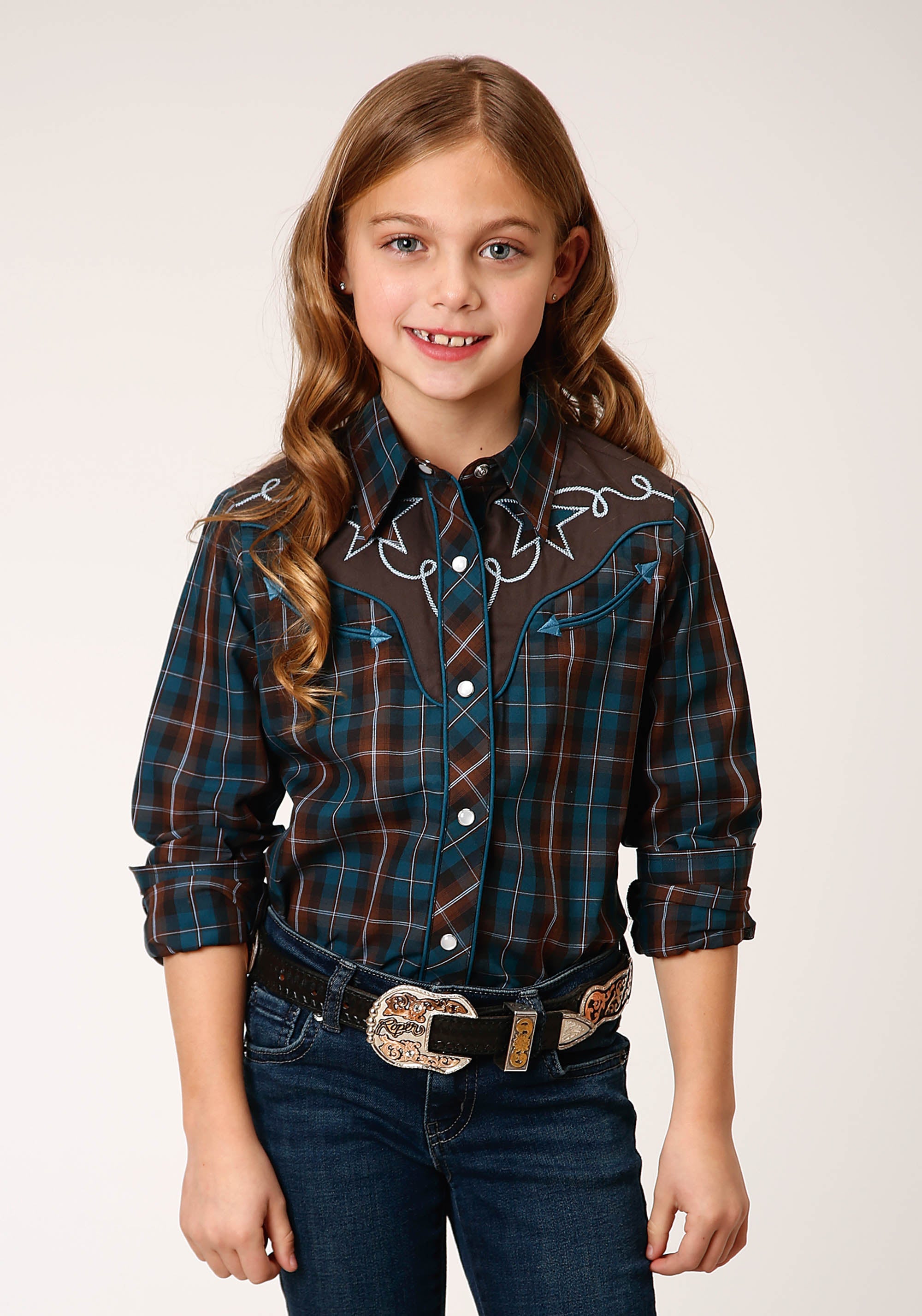 Roper Girls Long Sleeve Snap Brown And Teal Windopane Plaid Western Shirt