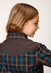 Roper Girls Long Sleeve Snap Brown And Teal Windopane Plaid Western Shirt - Flyclothing LLC