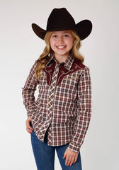 Roper Girls Long Sleeve Snap Wine Cream Tan Small Scale Plaid Western Shirt