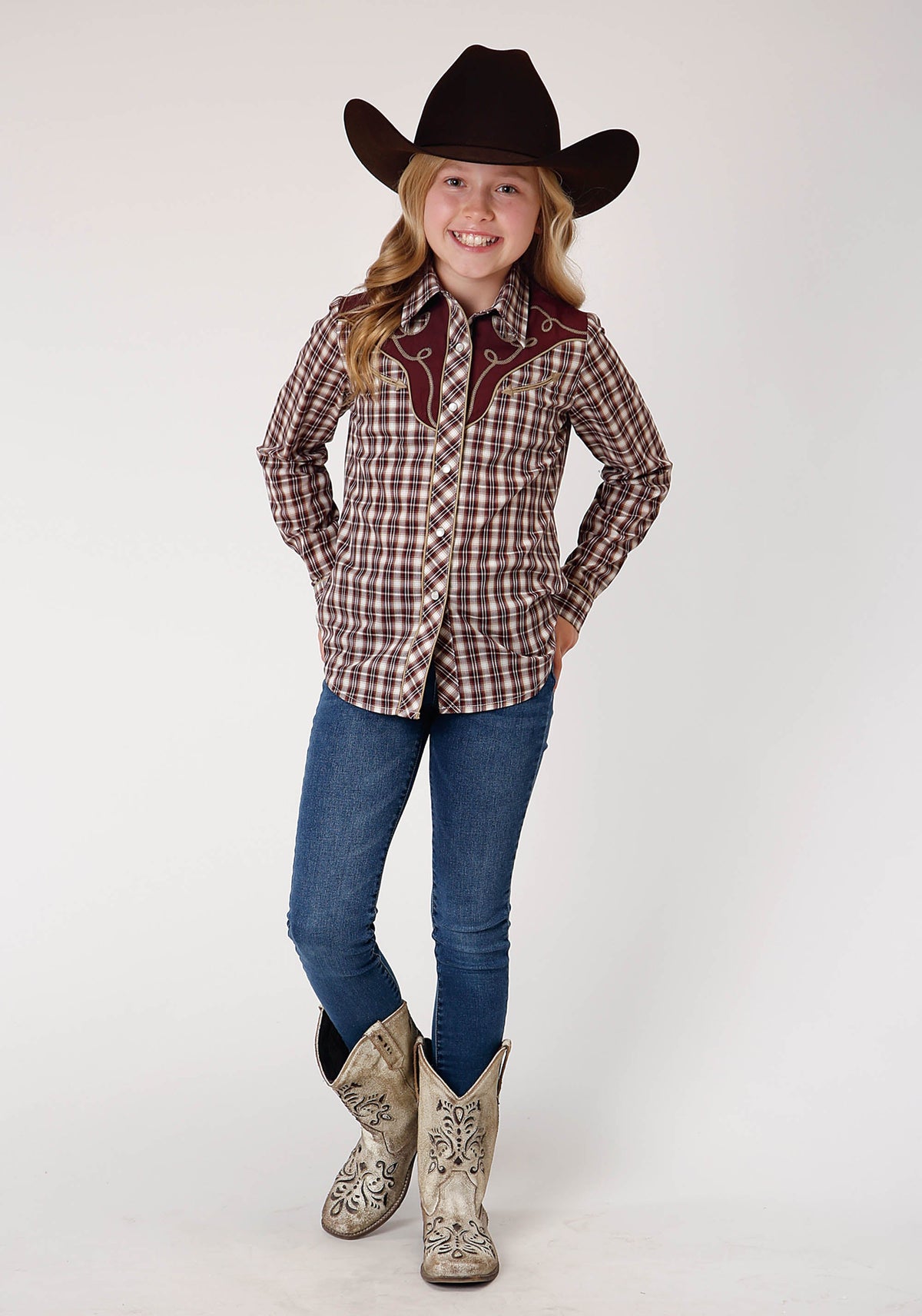 Roper Girls Long Sleeve Snap Wine Cream Tan Small Scale Plaid Western Shirt - Flyclothing LLC