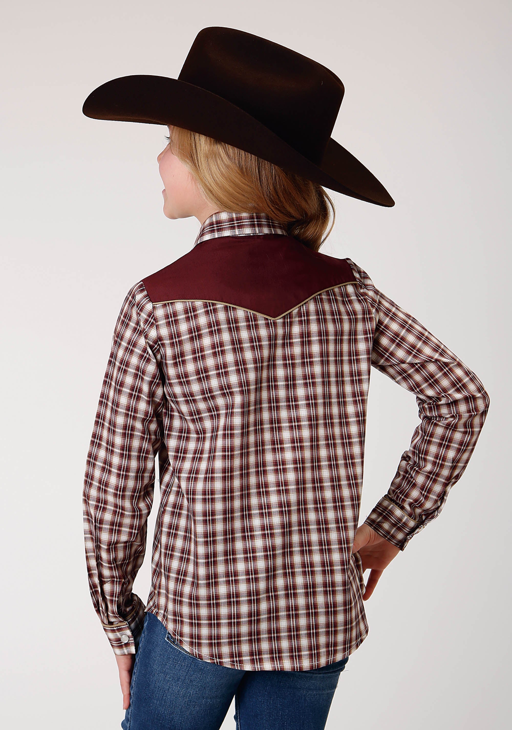 Roper Girls Long Sleeve Snap Wine Cream Tan Small Scale Plaid Western Shirt - Flyclothing LLC