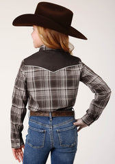 Roper Girls Long Sleeve Snap Chocolate And Cream Plaid Western Shirt - Flyclothing LLC