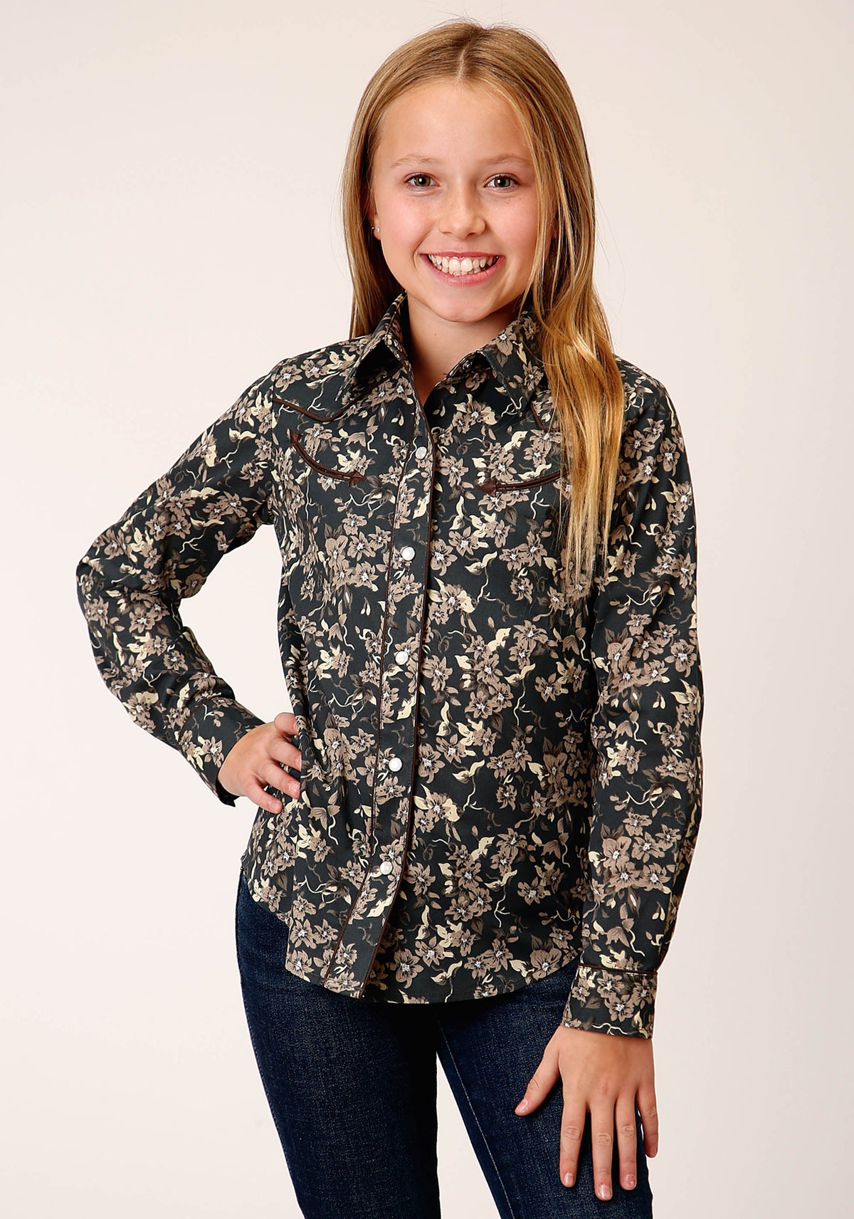 Roper Girls Long Sleeve Snap Vintage Dark Floral Print Western Shirt