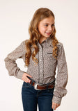 Roper Girls Long Sleeve Snap Brown And Cream Floral Print Western Shirt