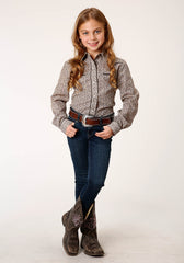 Roper Girls Long Sleeve Snap Brown And Cream Floral Print Western Shirt - Flyclothing LLC