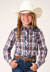 Roper Girls Long Sleeve Snap Wine Navy And White Plaid Western Shirt