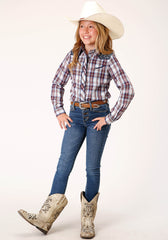 Roper Girls Long Sleeve Snap Wine Navy And White Plaid Western Shirt - Flyclothing LLC