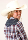 Roper Girls Long Sleeve Snap Wine Navy And White Plaid Western Shirt - Flyclothing LLC