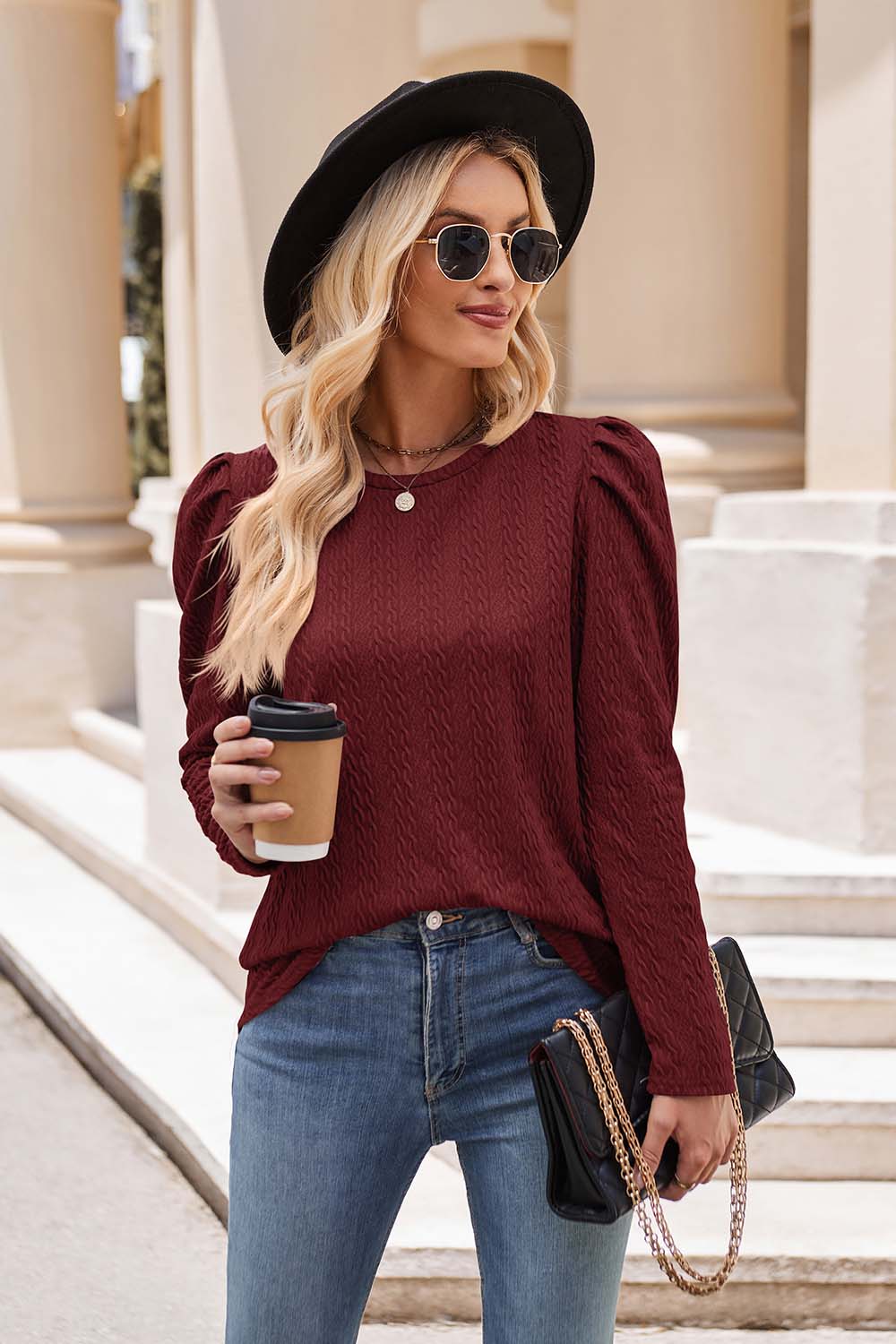 Round Neck Puff Sleeve Blouse - Flyclothing LLC