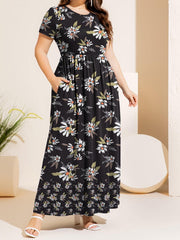 Plus Size Printed Round Neck Short Sleeve Maxi Dress - Flyclothing LLC