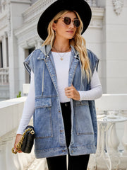 Hooded Sleeveless Denim Top with Pockets - Flyclothing LLC