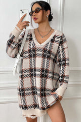 Plaid V-Neck Long Sleeve Sweater Dress - Flyclothing LLC