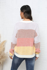 Waffle-Knit Round Neck Dropped Shoulder Color Block Sweater - Flyclothing LLC