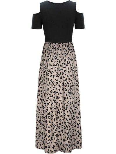 Leopard Round Neck Cold Shoulder Dress - Trendsi