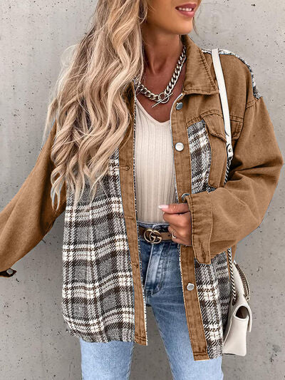 Plaid Button Up Dropped Shoulder Jacket - Flyclothing LLC