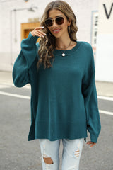 Round Neck Dropped Shoulder Slit Sweater - Trendsi