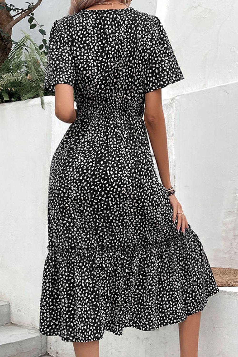 Leopard Print Short Sleeve Midi Dress - Trendsi