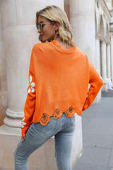 Flower Distressed Long Sleeve Sweater - Flyclothing LLC