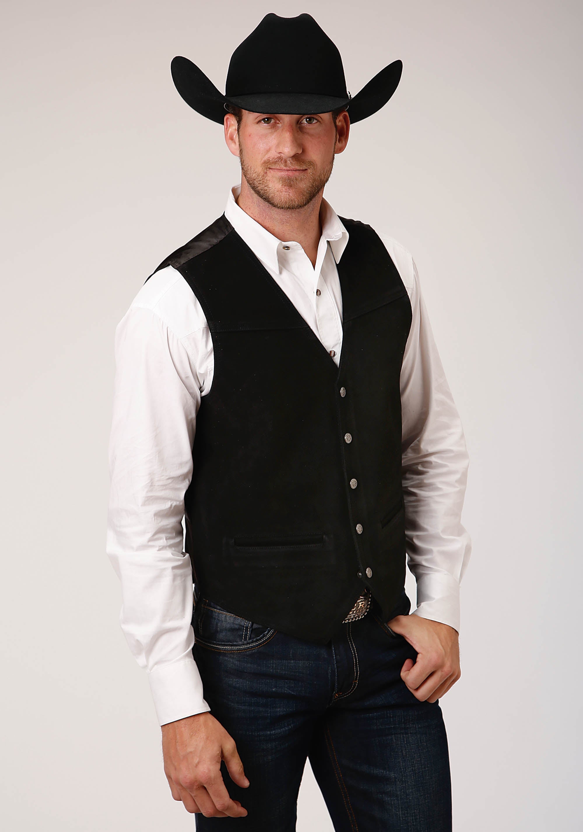 Roper Mens Black Suede Leather Vest With Buckle Tie