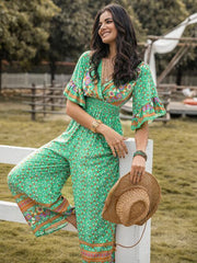 Floral Surplice Flutter Sleeve Jumpsuit - Flyclothing LLC