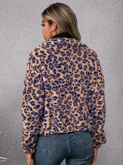 Drawstring Leopard Zip Up Jacket - Trendsi