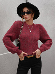 Heathered Long Lantern Sleeve Rib-Knit Sweater - Trendsi