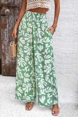 Smocked Printed Wide Leg Pants with Pockets - Flyclothing LLC