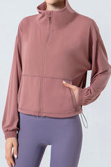 Drawstring Zip Up Dropped Shoulder Active Outerwear - Flyclothing LLC