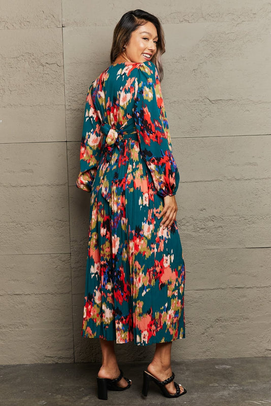 Printed Deep V Slit Pleated Dress - Trendsi