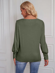 Round Neck Lantern Sleeve Blouse - Flyclothing LLC