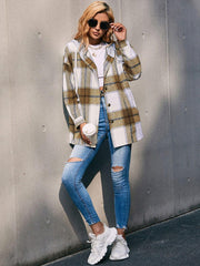 Plaid Dropped Shoulder Hooded Jacket - Trendsi