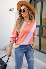 Color Block Ribbed Round Neck Sweater - Trendsi