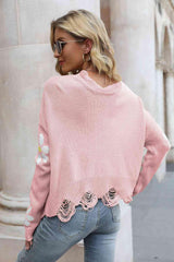 Flower Distressed Long Sleeve Sweater - Flyclothing LLC