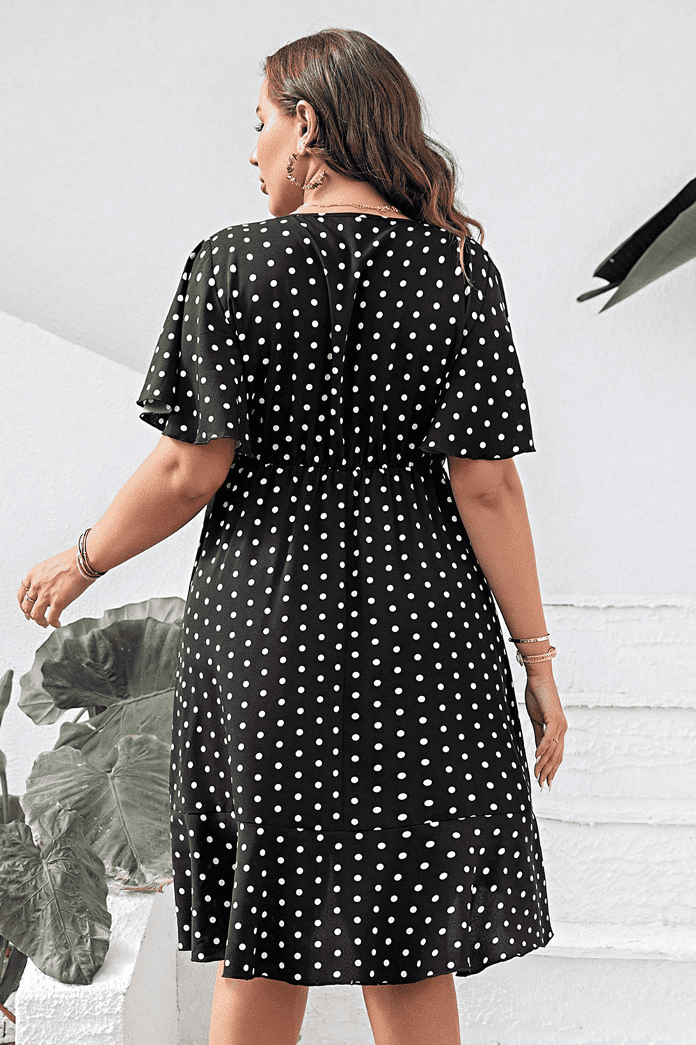 Plus Size Polka Dot Flutter Sleeve Dress - Flyclothing LLC