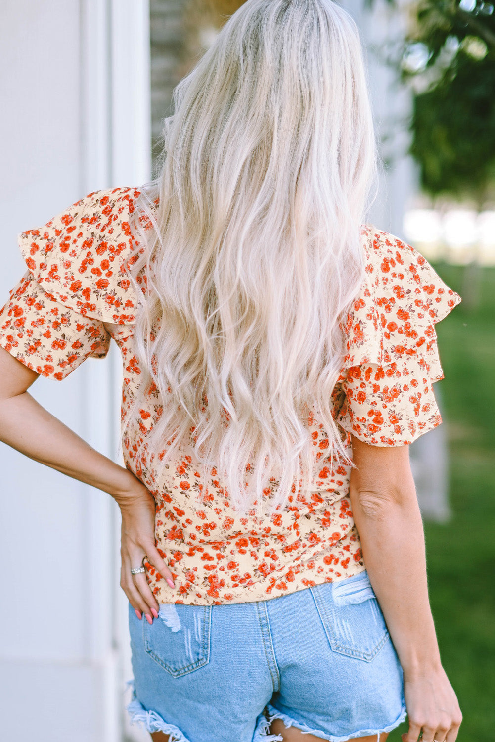 Floral Round Neck Flutter Sleeve Blouse - Flyclothing LLC