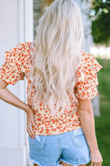 Floral Round Neck Flutter Sleeve Blouse - Flyclothing LLC