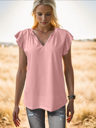 Ruffled Notched Cap Sleeve Tank - Flyclothing LLC