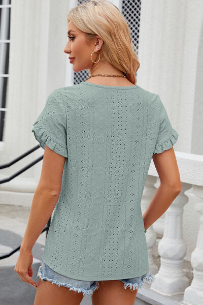 Eyelet Round Neck Petal Sleeve T-Shirt - Flyclothing LLC