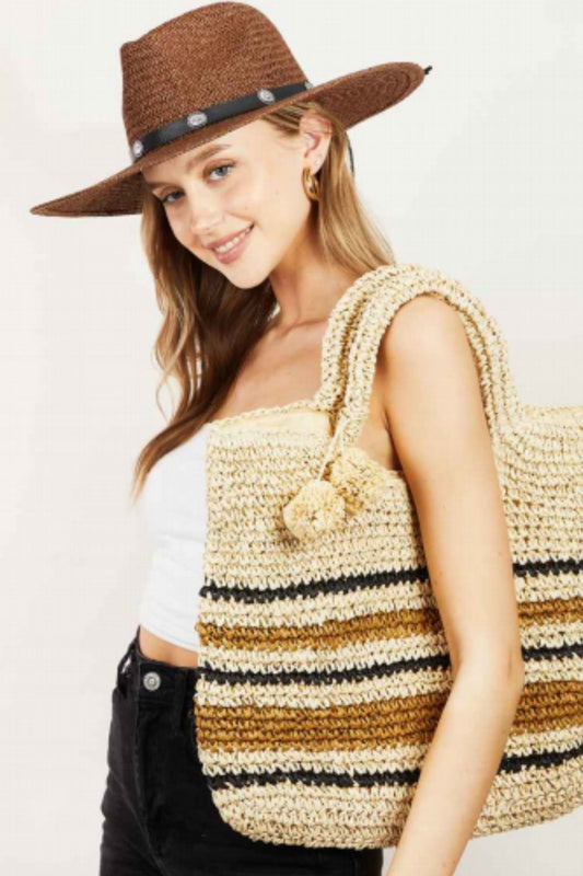 Fame Striped Straw Braided Tote Bag - Flyclothing LLC