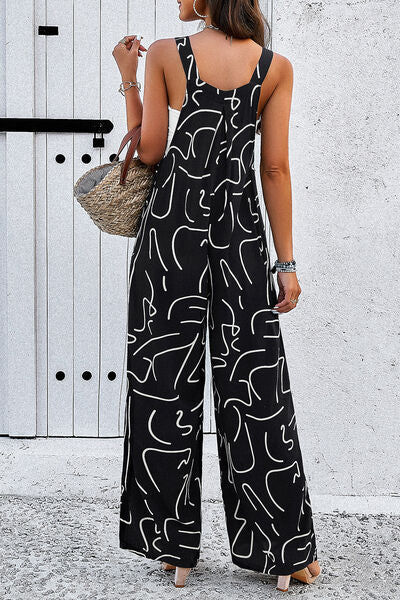 Printed Wide Strap Jumpsuit with Pockets - Flyclothing LLC