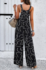 Printed Wide Strap Jumpsuit with Pockets - Flyclothing LLC