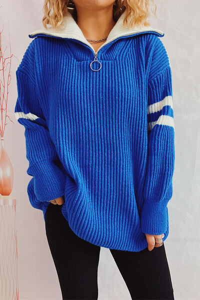 Quarter Zip Striped Dropped Shoulder Sweater - Flyclothing LLC