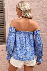 Off Shoulder Printed Frill Trim Blouse - Flyclothing LLC