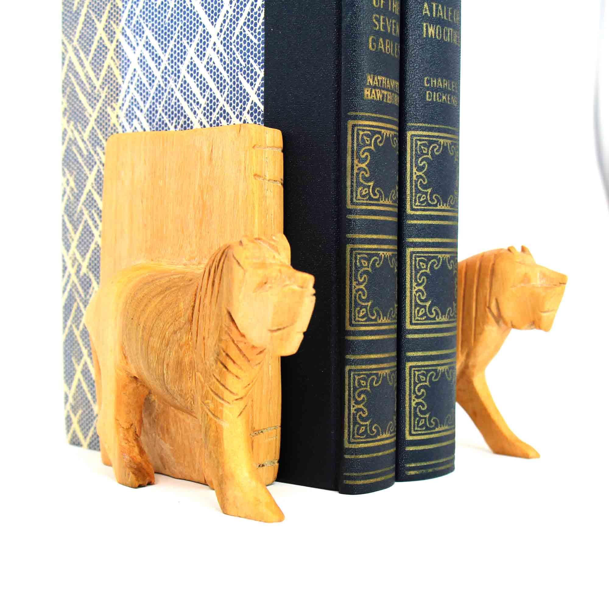 Carved Wood Lion Book Ends, Set of 2 - Jedando