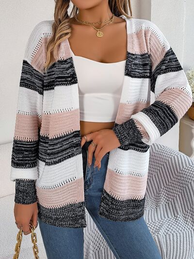 Openwork Striped Open Front Cardigan - Flyclothing LLC